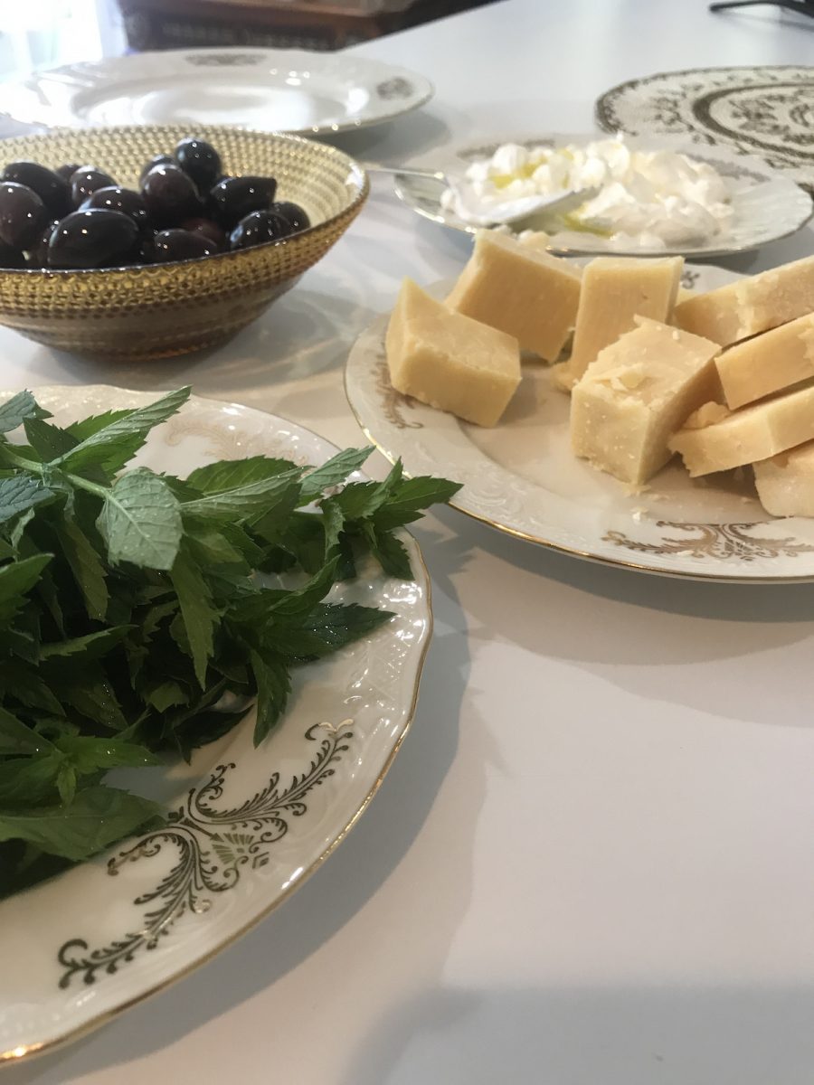 Fresh mint, cheese, and olives.