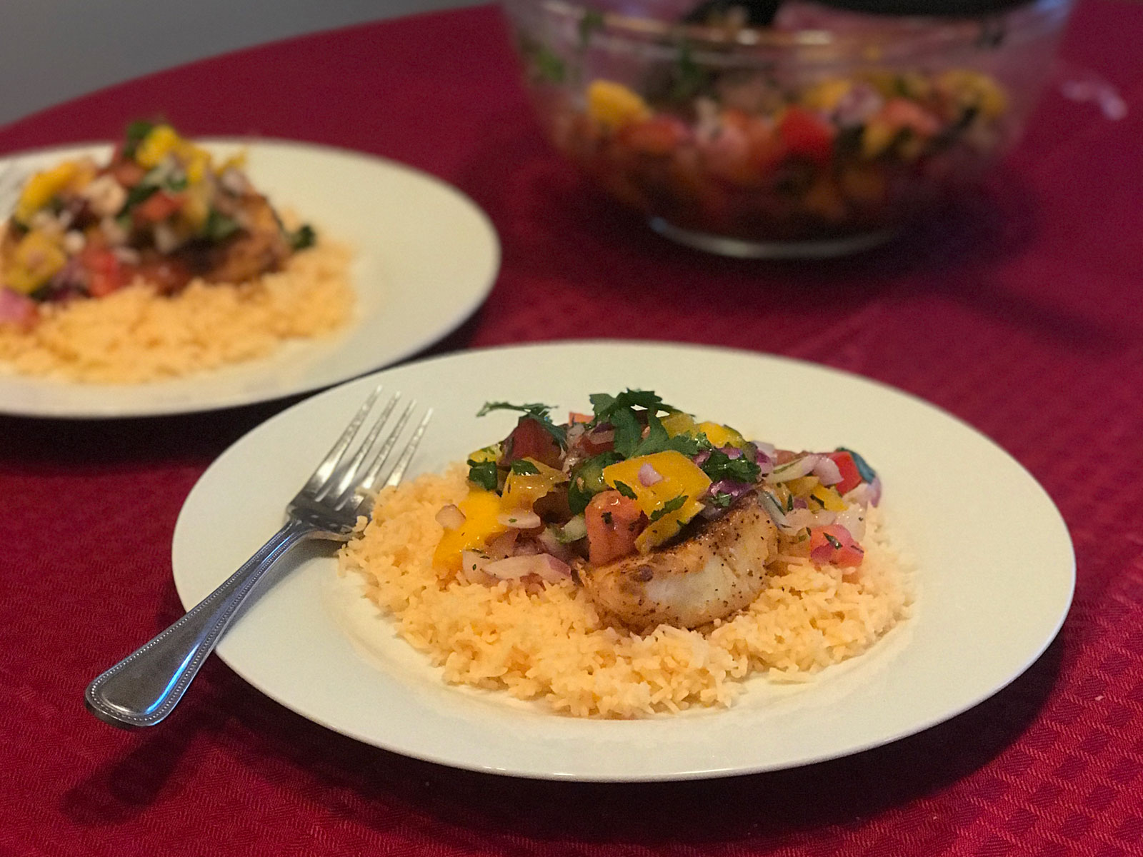 Mango Salsa Baked Cod on yellow rice